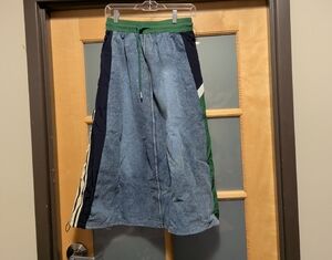 Japanese Designer Denim and Green Colorblock Midi A-line Skirt